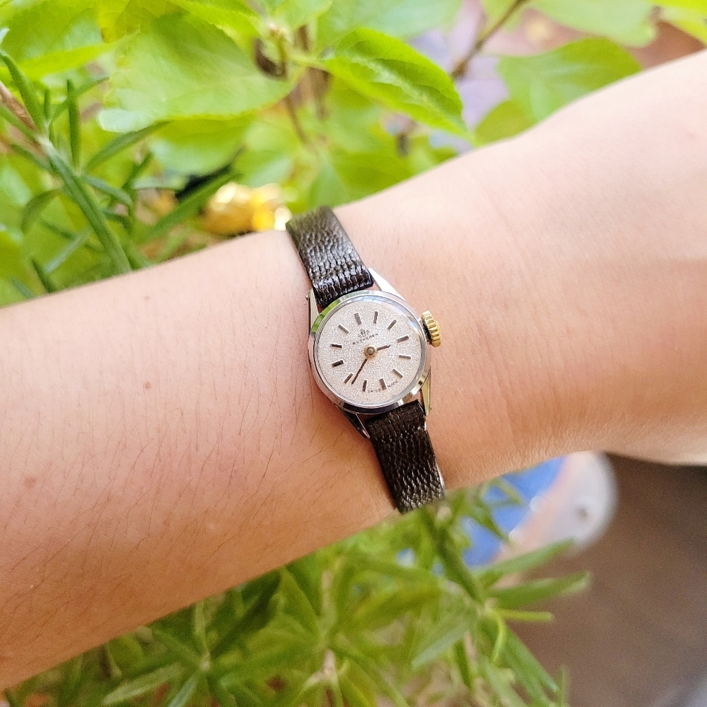 Swiss Bucherer Womens Womans Dainty Black Leather Watch